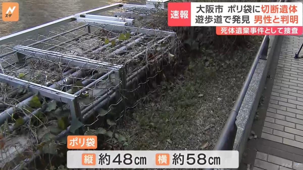 一個尺寸約48公分乘58公分的塑膠袋內,裝有約10塊人肉及20塊骨頭。(圖/翻攝自 YouTube  TBS NEWS DIG Powered by JNN) 塑膠袋-10塊人肉-20塊骨頭-大阪-分屍-河堤