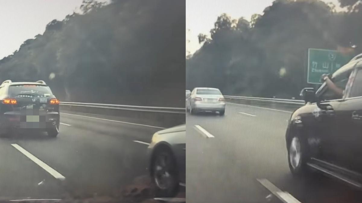 國道三號南投竹山路段昨日發生行車糾紛,黑色休旅車駕駛先擋賓士車,再從後方射擊猛追。(圖/Threads「zheng_hong.ko」提供) 國道三號南投竹山路段昨日發生行車糾紛,黑色休旅車駕駛先擋賓士車,再從後方射擊猛追。(圖/Threads「zheng_hong.ko」提供)