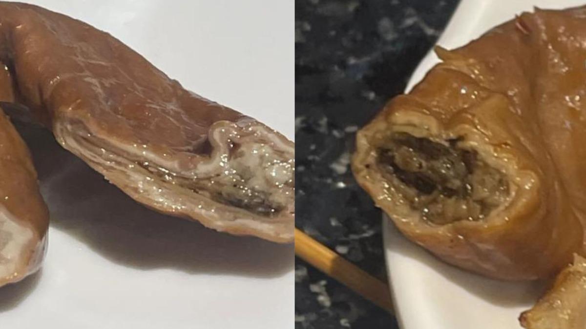中國留學生在澳洲疑似吃到「大便餡」的大腸。(圖/翻攝自微博) 大腸-肥腸-九轉肥腸-澳洲-中國留學生-火鍋-火鍋肥腸-肥腸大便-大腸大便-吃肥腸吃到大便