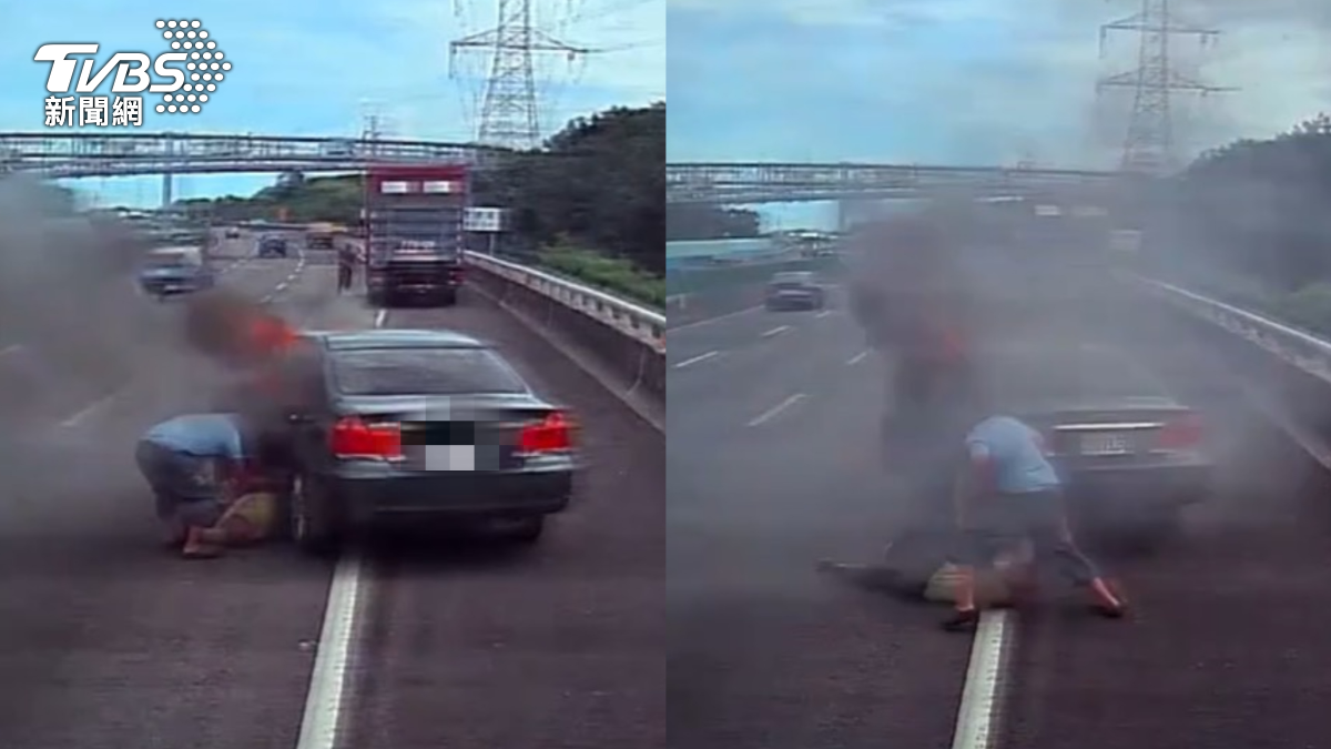 一名73歲的李姓老翁國道自撞護欄,後車的林男下車將人拖出。(圖/TVBS) 一名73歲的李姓老翁國道自撞護欄,後車的林男下車將人拖出。(圖/TVBS)